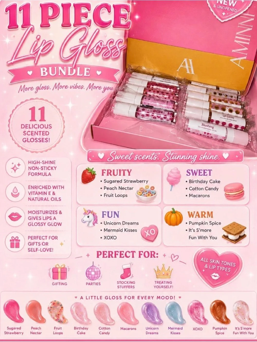 11-Piece Pink Lip Gloss Bundle by Aminnah- Fruity & Sweet Scents